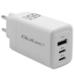 Qoltec Ładowarka sieciowa 65W GaN | 5-20V | 3-3.35A | 2 x USB-C PD | 1 x USB QC 3.0 | Laptop | Smartfon | Biała