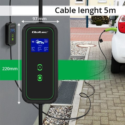 Qoltec Mobilna ładowarka do samochodu elektrycznego EV z regulacją 2w1 Typ2 | 11kW | LCD | 3 fazy | Przenośna | Wallbox | 5m