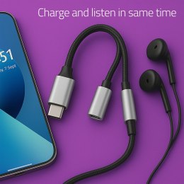 Qoltec Adapter przejściówka 2w1 USB-C | USB-C | Jack 3.5mm | PD 15W | 10cm | Aluminium