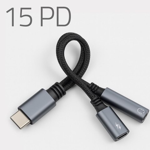 Qoltec Adapter przejściówka 2w1 USB-C | USB-C | Jack 3.5mm | PD 15W | 10cm | Aluminium