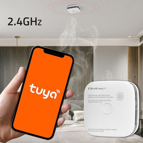 Qoltec Certyfikowany bezprzewodowy Czujnik dymu z baterią | Tuya | Wi-fi | żywotność sensora 10 lat | alarm 85dB | LED