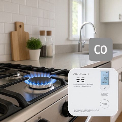 Qoltec Certyfikowany bezprzewodowy Czujnik tlenku węgla (czadu) z baterią | detektor CO | żywotność sensora 10 lat | alarm 85dB 
