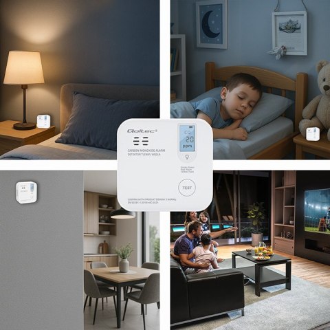 Qoltec Certyfikowany bezprzewodowy Czujnik tlenku węgla (czadu) z baterią | detektor CO | żywotność sensora 10 lat | alarm 85dB 