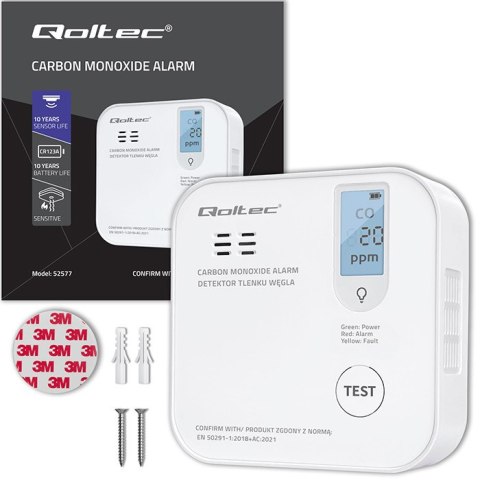 Qoltec Certyfikowany bezprzewodowy Czujnik tlenku węgla (czadu) z baterią | detektor CO | żywotność sensora 10 lat | alarm 85dB 