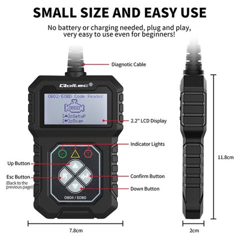 Qoltec Cyfrowy Tester diagnostyczny Interfejs ProLine | OBDII EOBD | Polskie MENU | 8V-25V | Dual system