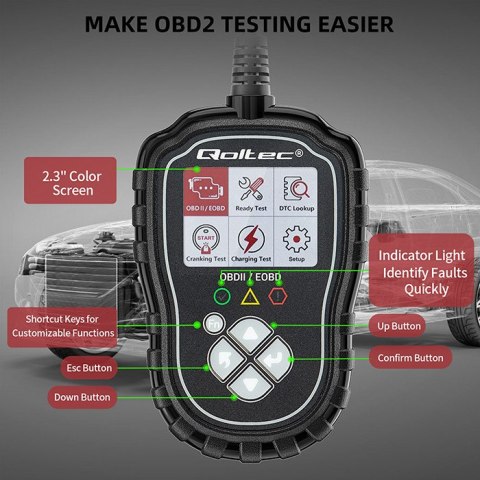 Qoltec Cyfrowy Tester diagnostyczny ProLine | OBD2 EOBD | Polskie MENU | 8V-25V | Dual System