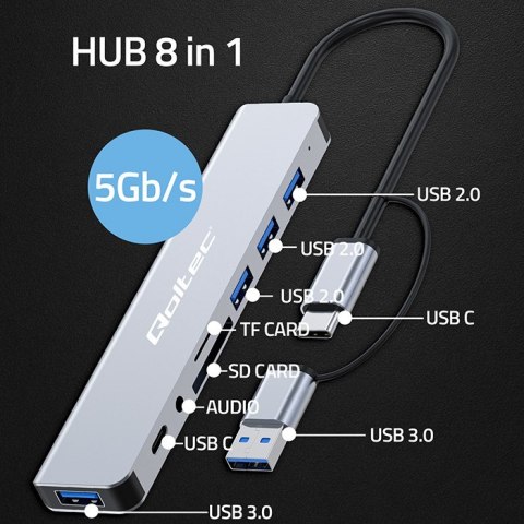Qoltec Hub Adapter 8w1 USB-C/USB | USB-C | 4xUSB | SD/TF card | JACK 3.5mm TRRS