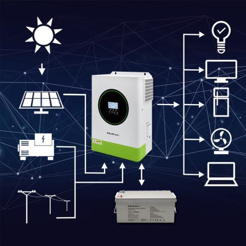 Qoltec Hybrydowy inwerter solarny Off-Grid 6200W | 120A | 48V | MPPT | BMS | Sinus | opcja Wi-Fi | Power Factor 1.0