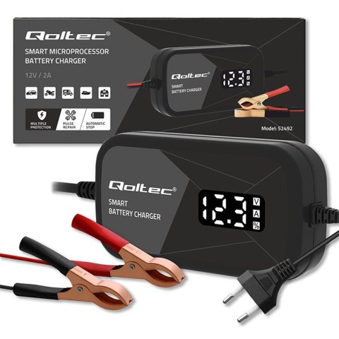Qoltec Inteligentna mikroprocesorowa ładowarka 12V | 2A | Prostownik do akumulatora AGM GEL | LCD