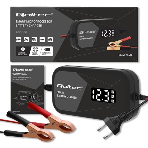 Qoltec Inteligentna mikroprocesorowa ładowarka 12V | 2A | Prostownik do akumulatora AGM GEL | LCD
