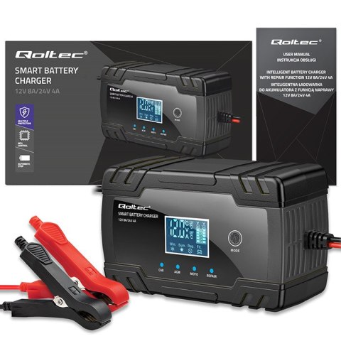 Qoltec Inteligentna mikroprocesorowa ładowarka 12V 8A | 24V 4A| Prostownik z funkcją naprawy do akumulatora AGM GEL | LCD