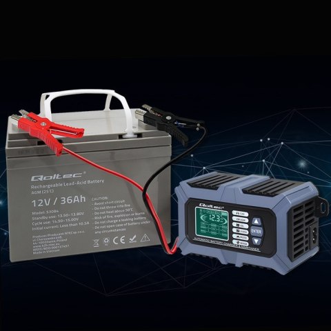 Qoltec Inteligentna mikroprocesorowa ładowarka z testerem baterii i funkcją naprawy 12V | 6A | LCD | Prostownik do akumulatora A