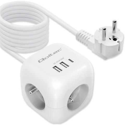 Qoltec Kostka zasilająca przedłużacz 6w1 z podświetlanym włącznikiem | 3x AC | 2x USB | 1x USB-C PD 20W | Biała | Kabel 2m
