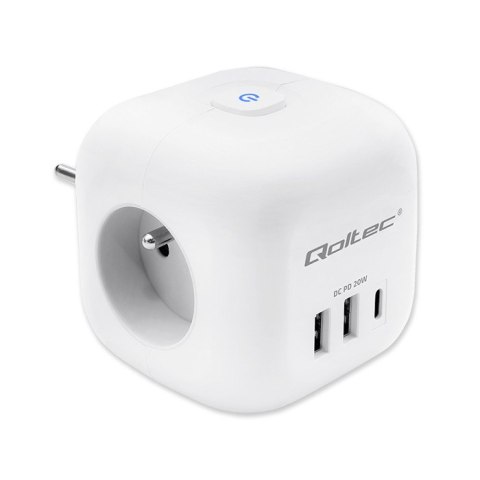 Qoltec Kostka zasilająca przedłużacz 6w1 z podświetlanym włącznikiem | 3x AC | 2x USB | 1x USB-C PD 20W | Biała
