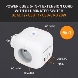 Qoltec Kostka zasilająca przedłużacz 6w1 z podświetlanym włącznikiem | 3x AC | 2x USB | 1x USB-C PD 20W | Biała
