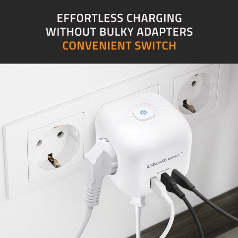 Qoltec Kostka zasilająca przedłużacz 6w1 z podświetlanym włącznikiem | 3x AC | 2x USB | 1x USB-C PD 20W | Biała