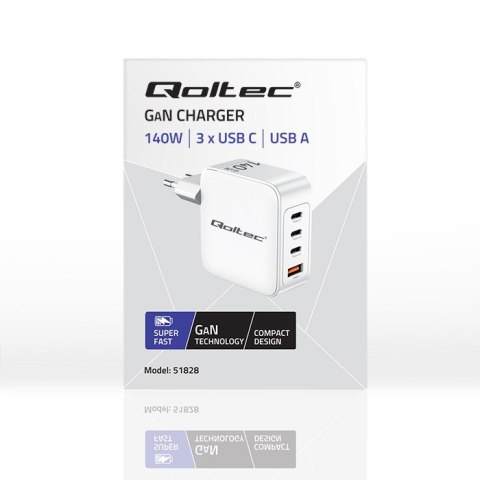 Qoltec Ładowarka sieciowa 140W GaN | 5-20V | 2.5-5A | 3 x USB-C PD | 1 x USB QC 3.0 | Laptop | Smartfon | Biała