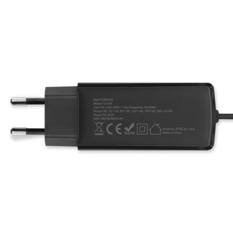 Qoltec Ładowarka sieciowa 65W GaN Super Fast | 5-20V | 3-3.25A | USB 3.1| Laptop | Smartfon | Tablet