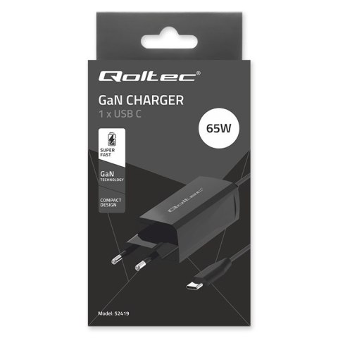 Qoltec Ładowarka sieciowa 65W GaN Super Fast | 5-20V | 3-3.25A | USB 3.1| Laptop | Smartfon | Tablet