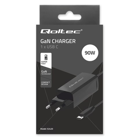 Qoltec Ładowarka sieciowa 90W GaN Super Fast | 5-20V | 3-4.5A | USB-C 3.1 | Laptop | Smartfon | Tablet