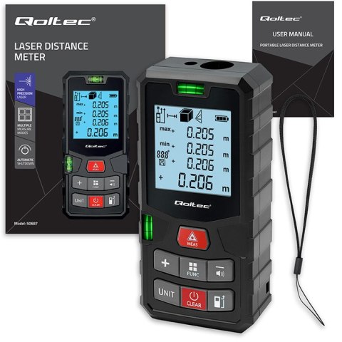 Qoltec Precyzyjny cyfrowy dalmierz laserowy z poziomicą | podświetlany LCD | 120m