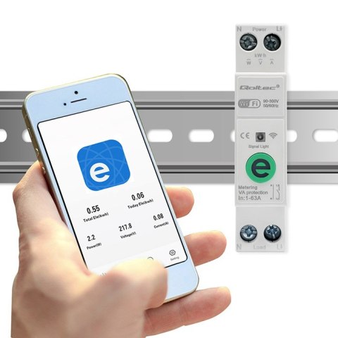 Qoltec Przekaźnik 63A na szynę DIN z licznikiem energii elektrycznej | eWeLink od Sonoff | Wi-Fi | Dioda LED