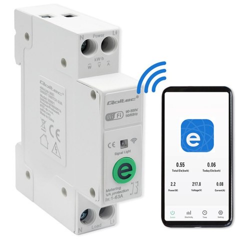 Qoltec Przekaźnik 63A na szynę DIN z licznikiem energii elektrycznej | eWeLink od Sonoff | Wi-Fi | Dioda LED