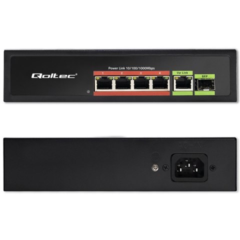 Qoltec Przełącznik sieciowy SWITCH FAST Ethernet PoE 4x RJ45 PoE 1x RJ45 Uplink 1x SFP | 65W | 1000 Mb