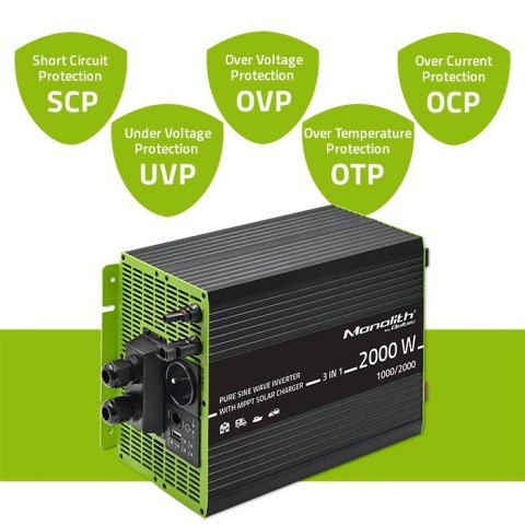 Qoltec Przetwornica solarna Monolith 3w1 z funkcją ładowania AC 10A | MPPT 40A | UPS | ATS | 1000W | 2000W | 12V na 230V | Czys
