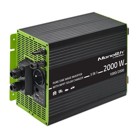 Qoltec Przetwornica solarna Monolith 3w1 z funkcją ładowania AC 10A | MPPT 40A | UPS | ATS | 1000W | 2000W | 12V na 230V | Czys