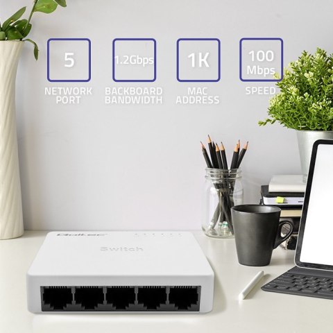 Qoltec SWITCH Przełącznik sieciowy 5 x port RJ45 | 100Mbps | Fast Ethernet | LAN