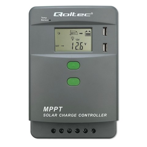 Qoltec Solarny regulator ładowania MPPT z czujnikiem temperatury 10A |12V / 24V | LCD | 2 x USB | Bluetooth | APP | GEL | LiFePO