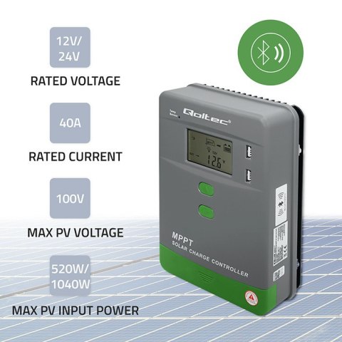 Qoltec Solarny regulator ładowania MPPT z czujnikiem temperatury 40A |12V / 24V | LCD | 2 x USB | Bluetooth | APP | GEL | LiFePO
