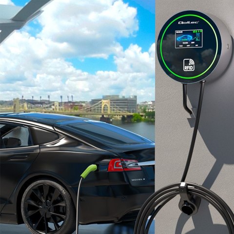 Qoltec Stacja ładowania EV 2w1 Typ2 | 22kW | Wi-fi| | LCD | 3 fazy | Wallbox | Smart life app| RFID | 5m