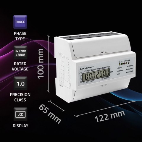 Qoltec Trójfazowy dwukierunkowy elektroniczny licznik | miernik zużycia energii na szynę DIN | 400V | 100A | LCD | 4P