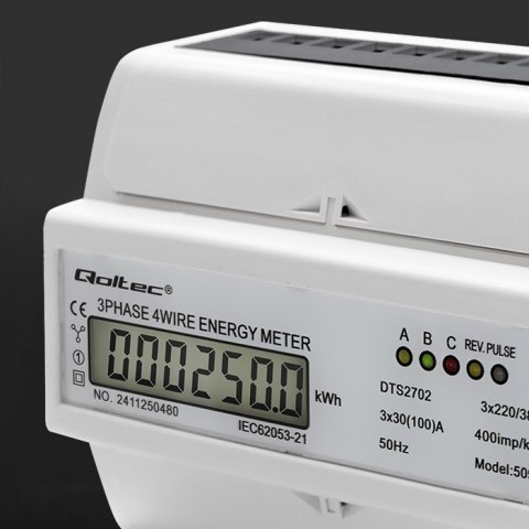 Qoltec Trójfazowy dwukierunkowy elektroniczny licznik | miernik zużycia energii na szynę DIN | 400V | 100A | LCD | 4P