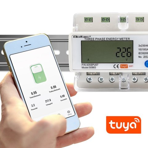 Qoltec Trójfazowy elektroniczny licznik | miernik zużycia energii na szynę DIN | Wi-fi | TUYA | 400V | LCD