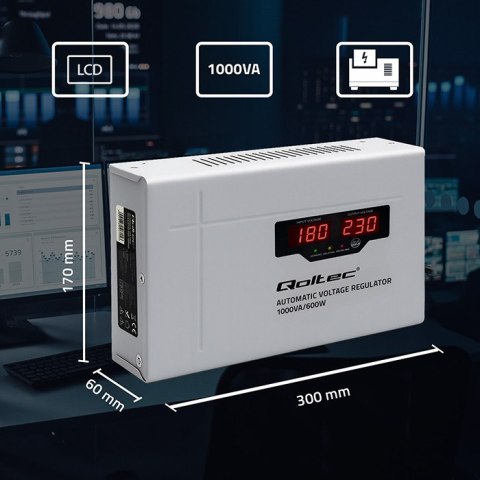 Qoltec Automatyczny Stabilizator napięcia AVR 1000VA | Compact | Toroidalny transformator