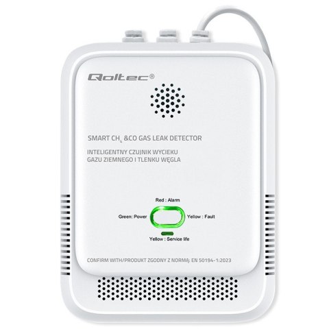 Qoltec Certyfikowany Czujnik wycieku gazu ziemnego i tlenku węgla (czadu) | detektor CH4 CO | żywotność sensora 5 lat | alarm 8