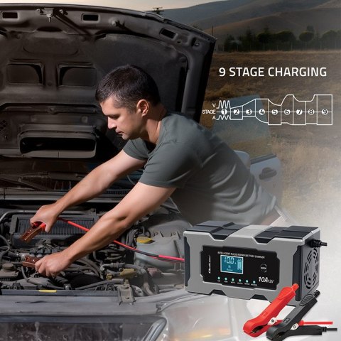 Qoltec Inteligentna mikroprocesorowa ładowarka 12V 10A | Prostownik z funkcją naprawy do akumulatora AGM GEL LiFePO4 | LCD