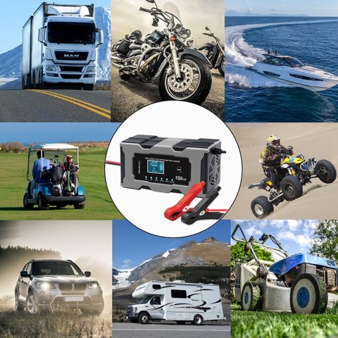 Qoltec Inteligentna mikroprocesorowa ładowarka 12V 10A | Prostownik z funkcją naprawy do akumulatora AGM GEL LiFePO4 | LCD
