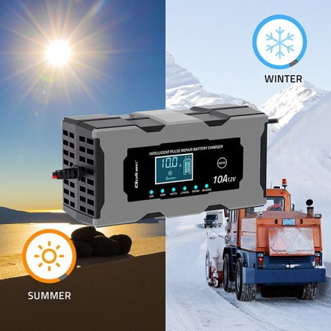 Qoltec Inteligentna mikroprocesorowa ładowarka 12V 10A | Prostownik z funkcją naprawy do akumulatora AGM GEL LiFePO4 | LCD