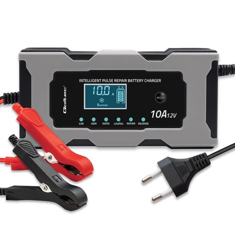 Qoltec Inteligentna mikroprocesorowa ładowarka 12V 10A | Prostownik z funkcją naprawy do akumulatora AGM GEL LiFePO4 | LCD