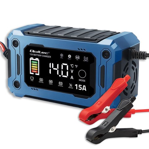 Qoltec Inteligentna mikroprocesorowa ładowarka 12V 15A | Prostownik z funkcją naprawy i podtrzymania zasilania podczas wymiany a