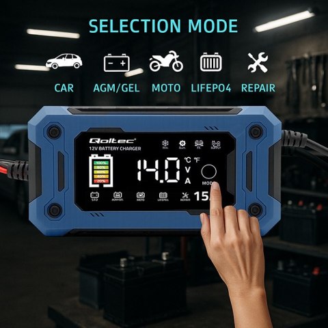 Qoltec Inteligentna mikroprocesorowa ładowarka 12V 15A | Prostownik z funkcją naprawy i podtrzymania zasilania podczas wymiany a