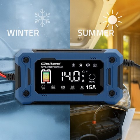 Qoltec Inteligentna mikroprocesorowa ładowarka 12V 15A | Prostownik z funkcją naprawy i podtrzymania zasilania podczas wymiany a