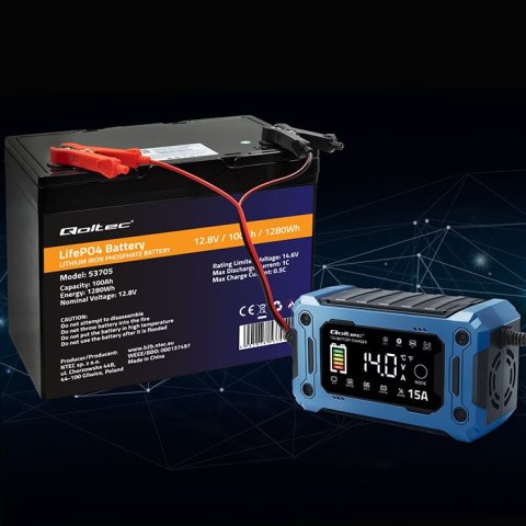 Qoltec Inteligentna mikroprocesorowa ładowarka 12V 15A | Prostownik z funkcją naprawy i podtrzymania zasilania podczas wymiany a