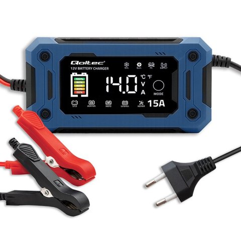 Qoltec Inteligentna mikroprocesorowa ładowarka 12V 15A | Prostownik z funkcją naprawy i podtrzymania zasilania podczas wymiany a