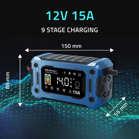 Qoltec Inteligentna mikroprocesorowa ładowarka 12V 15A | Prostownik z funkcją naprawy i podtrzymania zasilania podczas wymiany a