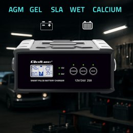 Qoltec Inteligentna mikroprocesorowa ładowarka 12V 24V 25A| Prostownik z funkcją naprawy do akumulatora AGM GEL SLA | LCD